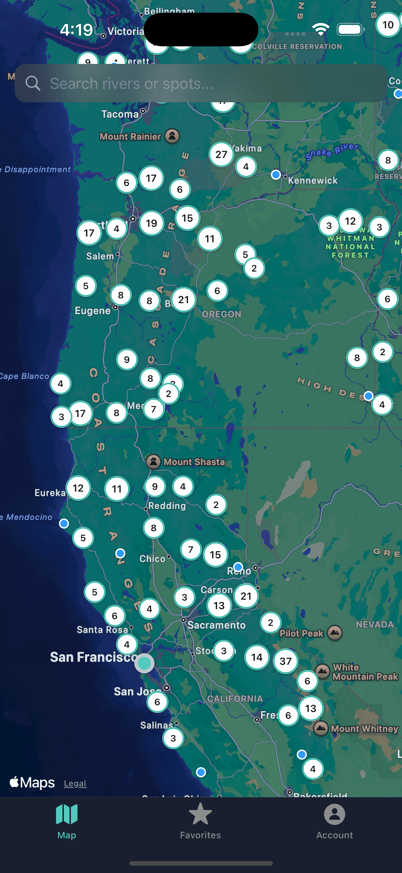 The River Caddy map showing dozens of fishing spot clusters across California, Oregon, Washington, and Idaho.